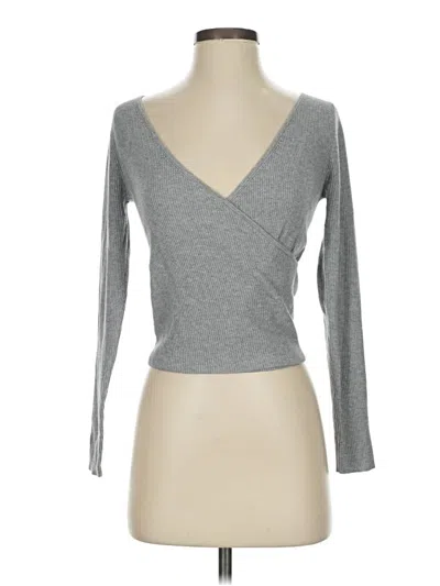 Pre-owned Leith Long Sleeve Top Gray Plunge Neckline Tops