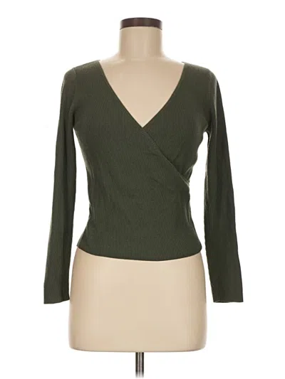 Pre-owned Leith Long Sleeve Top Green Plunge Neckline Tops