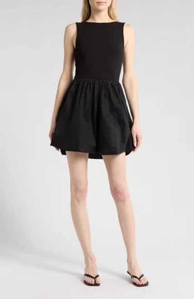 Leith Mixed Media Bubble Hem Tank Dress In Black