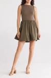 Leith Mixed Media Bubble Hem Tank Dress In Olive Sarma