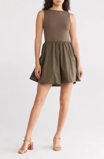 Leith Mixed Media Bubble Hem Tank Dress In Olive Sarma