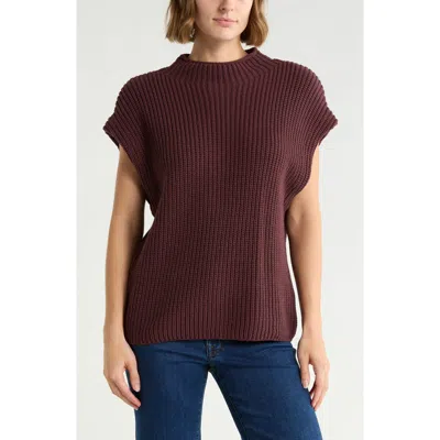 Leith Mock Neck Cap Sleeve Cotton Blend Sweater In Brown