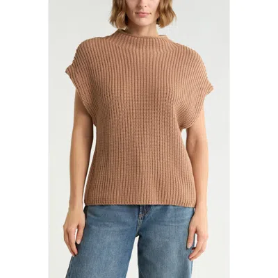 Leith Mock Neck Cap Sleeve Cotton Blend Sweater In Brown