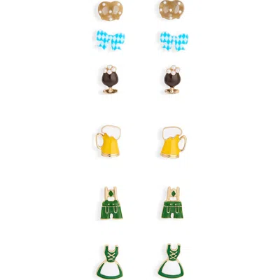 Leith Oktoberfest Set Of 6 Stud Earrings In Blue Multi- Gold