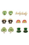 Leith Pack Of 6 Lucky Stud Earrings In Green Multi- Gold