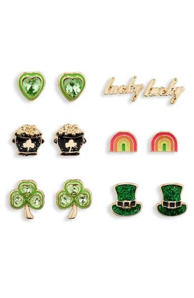 Leith Pack Of 6 Lucky Stud Earrings In Green Multi- Gold