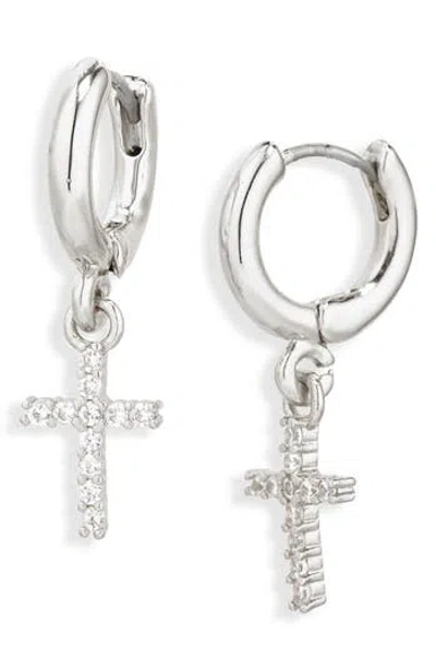 Leith Pavé Cubic Zirconia Cross Drop Huggie Hoop Earrings In Metallic
