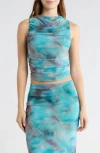 Leith Ruched Mesh Tank In Blue