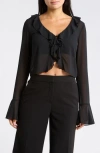 Leith Ruffle Tie Front Chiffon Top In Black