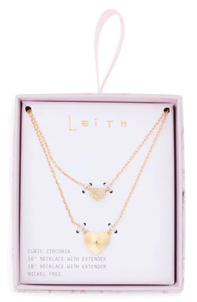 Leith Set Of 2 Cubic Zirconia Fluted Heart Pendant Necklaces In Gold