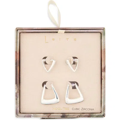 Leith Set Of 2 Cubic Zirconia Geometric Hoop Earrings In Silver