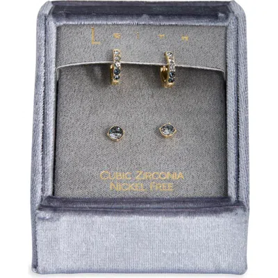 Leith Set Of 2 Cubic Zirconia Stud & Huggie Hoop Earrings In Black Multi- Gold
