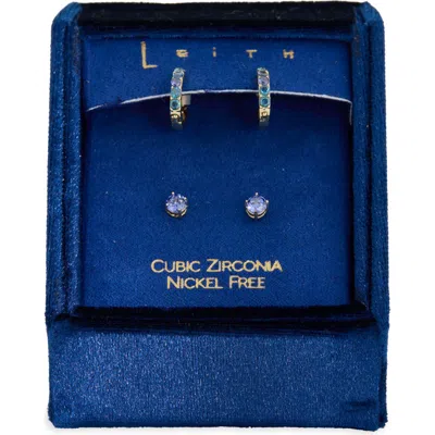 Leith Set Of 2 Cubic Zirconia Stud & Huggie Hoop Earrings In Dark Blue Multi- Gold
