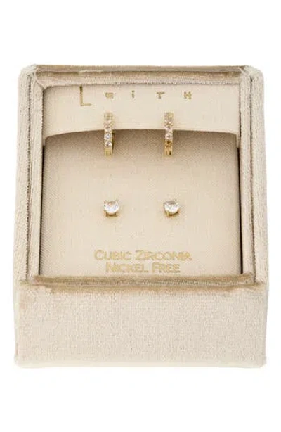 Leith Set Of 2 Cubic Zirconia Stud & Huggie Hoop Earrings In Gold