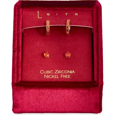 Leith Set Of 2 Cubic Zirconia Stud & Huggie Hoop Earrings In Orange Multi- Gold
