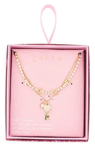Leith Set Of 2 'love' & Key Cubic Zirconia Pendant Necklace In Gold