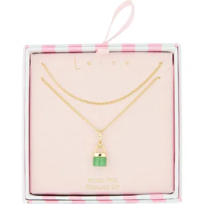 Leith Set Of 2 Stone Lock Pendant Necklaces In Gold