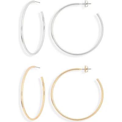 Leith Set Of 2 Thin Silvertone & 14k Gold Hoop Earrings In Multi