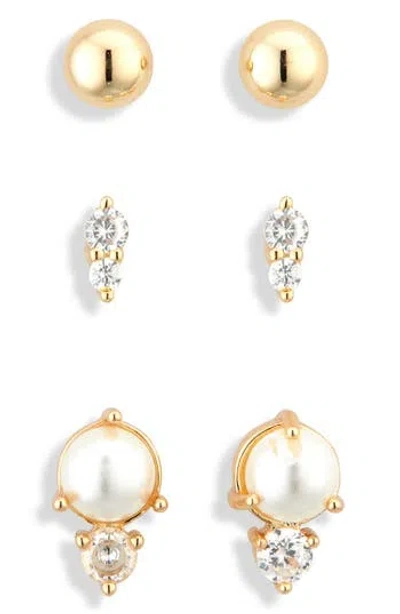 Leith Set Of 3 Cubic Zirconia & Faux Pearl Stud Earrings In Clear- White- Gold
