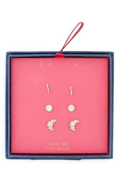Leith Set Of 3 Cubic Zirconia Croissant Stud Earrings In Gold