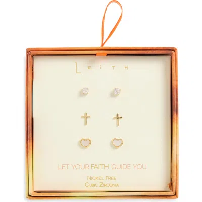 Leith Set Of 3 Cubic Zirconia Faith Stud Earrings In Gold