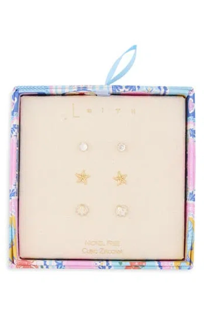 Leith Set Of 3 Cubic Zirconia Seaside Stud Earrings In Gold