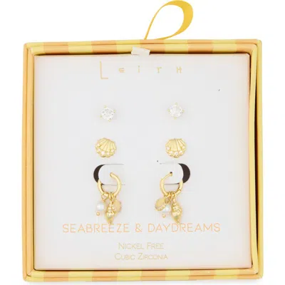 Leith Set Of 3 Cubic Zirconia Stud, Shell & Cultured Pearl Charm Huggie Hoop Earrings In Gold