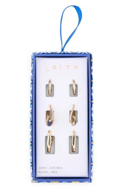 Leith Set Of 3 Cubic Zirconia Wavy Huggie Hoop Earrings In Metallic