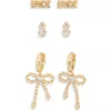 Leith Set Of 3 Demi Fine Cubic Zirconia Bride Stud & Bow Drop Earrings In Clear- Gold