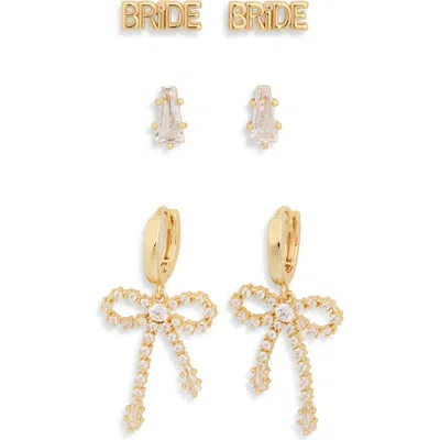 Leith Set Of 3 Demi Fine Cubic Zirconia Bride Stud & Bow Drop Earrings In Clear- Gold