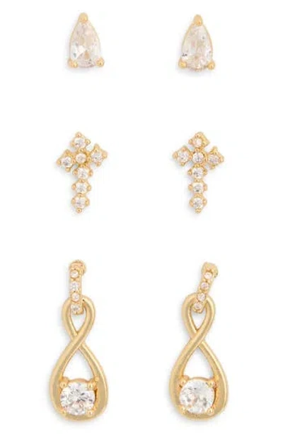 Leith Set Of 3 Demi-fine Cubic Zirconia Faith Stud Earrings In Gold