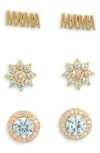 Leith Set Of 3 Demi-fine Cubic Zirconia Mama Stud Earrings In Clear- Gold