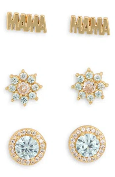 Leith Set Of 3 Demi-fine Cubic Zirconia Mama Stud Earrings In Clear- Gold