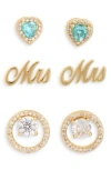 Leith Set Of 3 Demi-fine Mrs Stud Earrings In Clear- Gold
