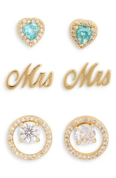 Leith Set Of 3 Demi-fine Mrs Stud Earrings In Clear- Gold