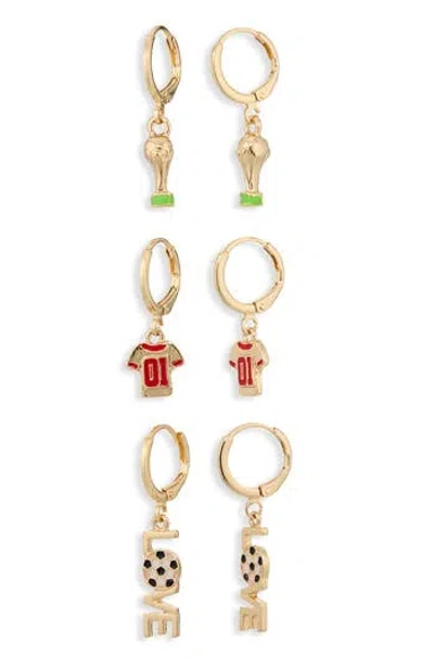 Leith Set Of 3 Soccer Charm Hoop Earrings In Gold