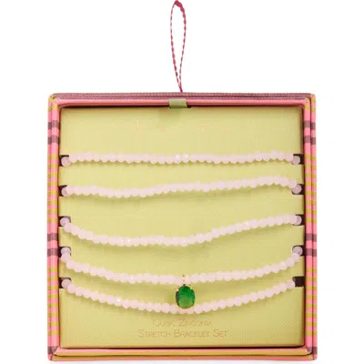 Leith Set Of 5 Cubic Zirconia Charm Beaded Stretch Bracelets In Green- Pink- Gold