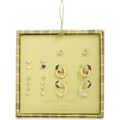 Leith Set Of 5 Cubic Zirconia Heart Stud, Drop & Huggie Hoop Earrings In Clear- Gold