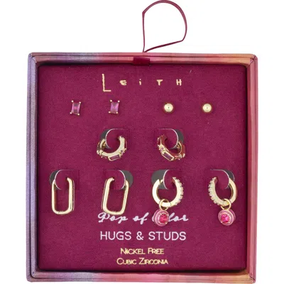 Leith Set Of 5 Cubic Zirconia Stud, Drop & Huggie Hoop Earrings In Pink Multi- Gold