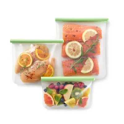 Lekue Set Of 3 Flat Reusable Bags In Green;transparent