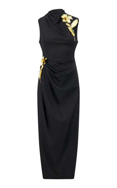 Lela Rose 3d Metallic Embroidered Satin Jersey Column Dress In Black
