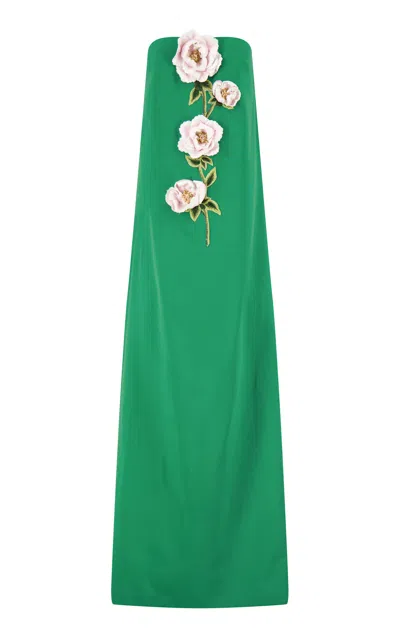 Lela Rose 3d Peony Embroidered Faille Gown In Green