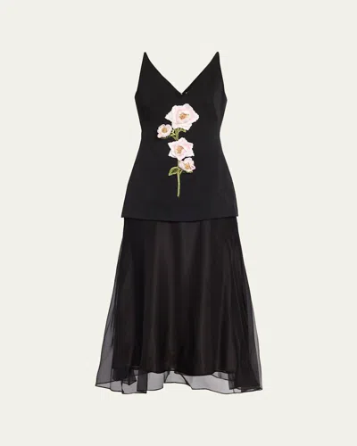 Lela Rose 3d Peony Embroidered Faille V-neck Cocktail Dress In Black