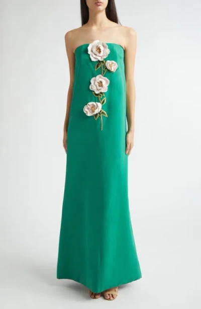 Lela Rose 3d Peony Embroidered Strapless Faille Gown In Green