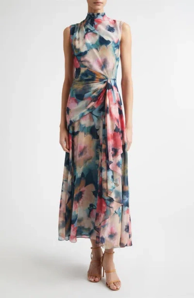 Lela Rose Abstract Floral Draped Chiffon A-line Midi Dress In Multi