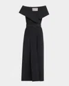 Lela Rose Asymmetric Cuff Belted Cotton Poplin Midi Dress In Black