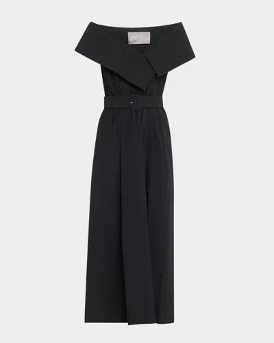 Lela Rose Asymmetric Cuff Belted Cotton Poplin Midi Dress