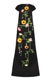 Lela Rose Augusta Floral Embroidered Cap-sleeve Gown In Black