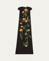 Lela Rose Augusta Floral Embroidered Cap-sleeve Gown In Black