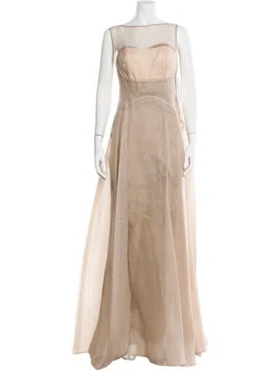 Pre-owned Lela Rose Bateau Neckline Long Dress In Neutral